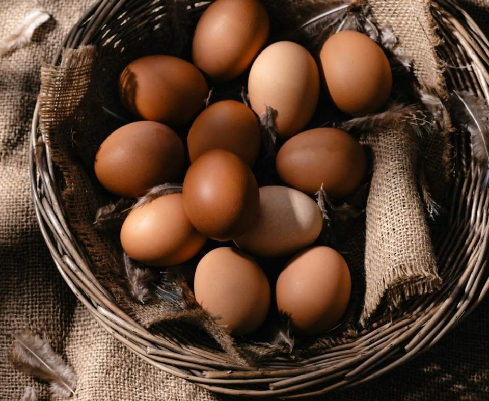 A basket of fresh brown eggs